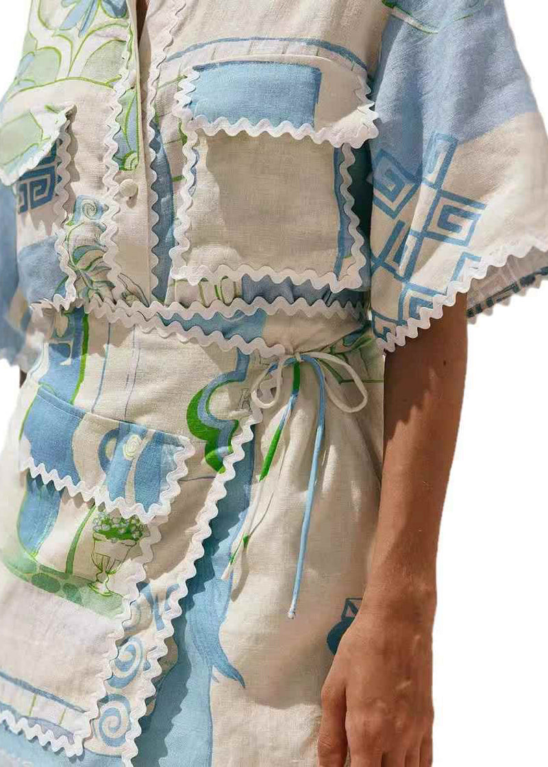Beige Peter Pan Collar Tie Waist Shirts and Skirts Two Pieces Set Short Sleeve