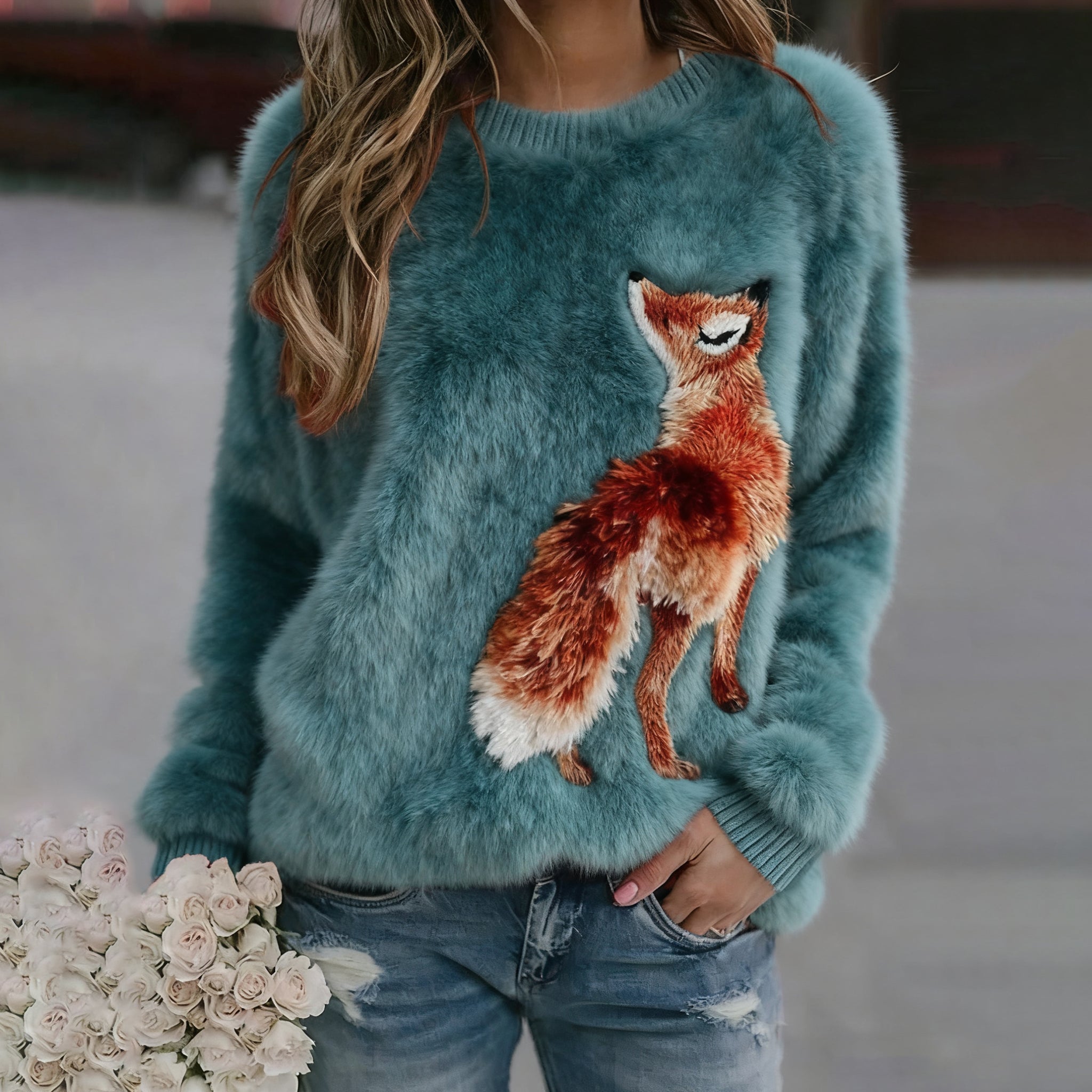 Comstylish Vintage Fox Art Women's Cozy Plush Sweater
