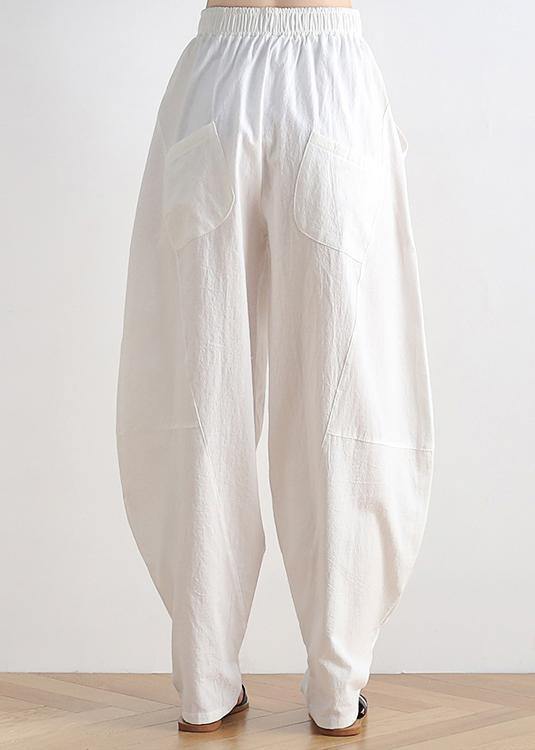 White Cotton and Linen Loose Trousers Zen Lantern Pants