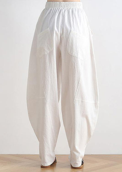 White Cotton and Linen Loose Trousers Zen Lantern Pants