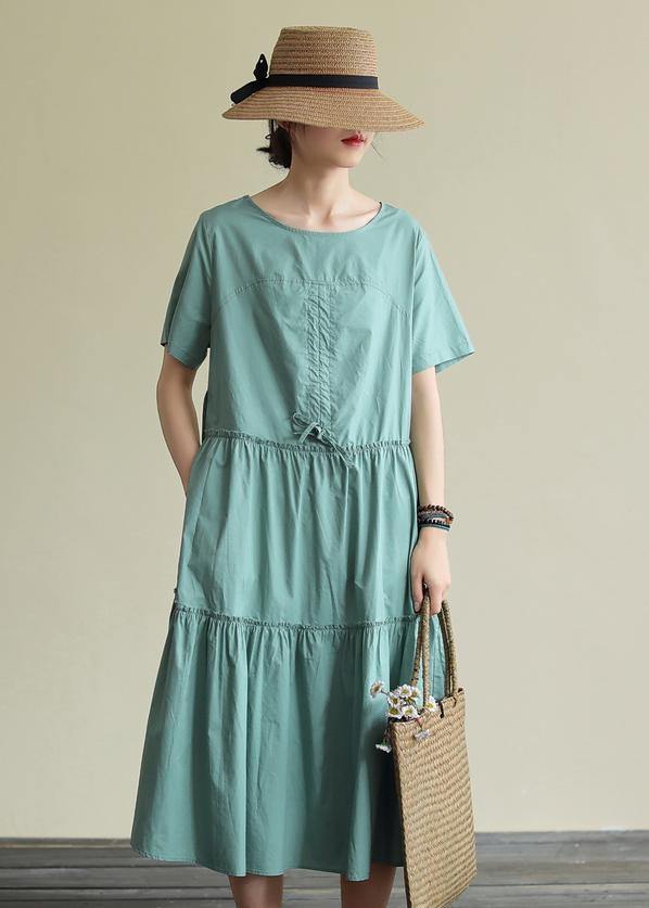 100% O Neck Drawstring Cotton Summerdresses Fabrics Green Art Dresses