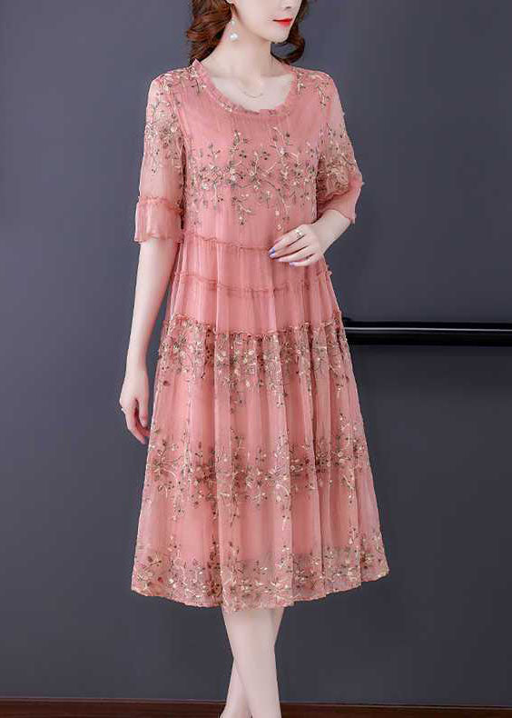 Pink O-neck Patchwork Print Tulle Party Dress Summer