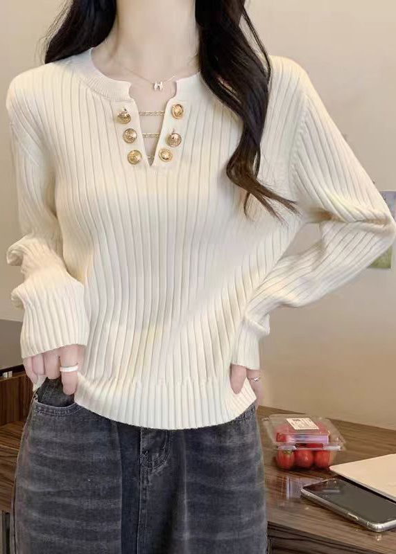 Boutique White V Neck Cotton Knit Sweater Spring