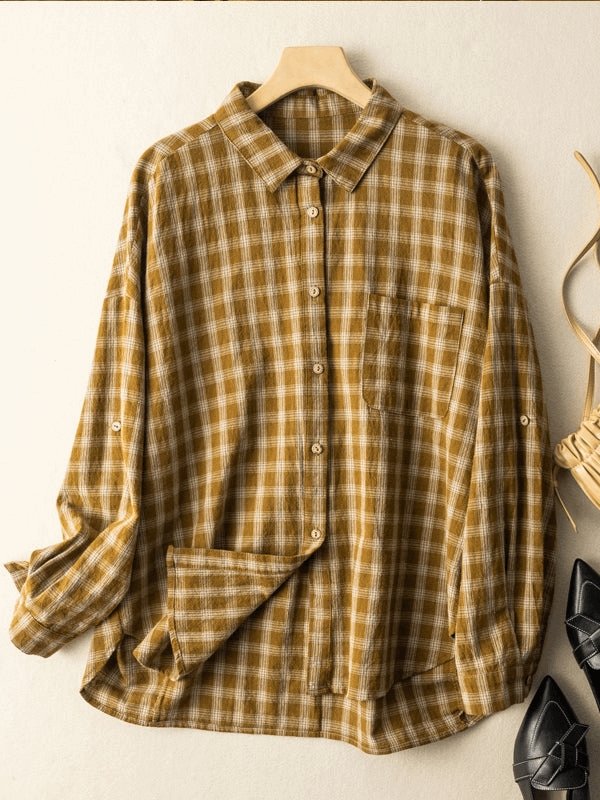 Natural Fabric Classic Plaid Style Loose Shirt