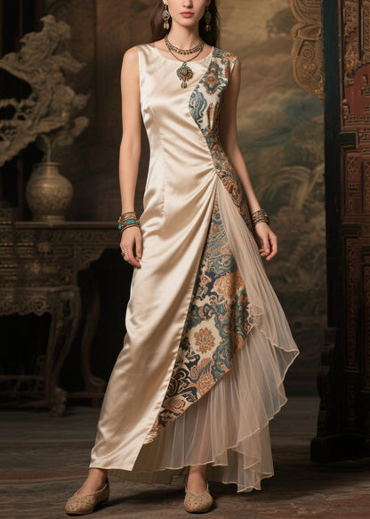 Champagne Asymmetrical Patchwork Jacquard Silk Dress Sleeveless
