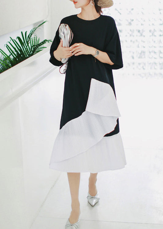 Natural Black Cotton Long Shirts Sweets Photography Patchwork Asymmetric Daily Summer Dress