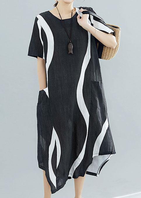 Black Striped Chiffon Quilting Clothes O Neck Asymmetric Kaftan Summer Dress