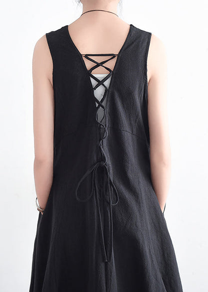 French Black V Neck Linen Clothes for Stylish Design Sleevless Loose Summer Dress