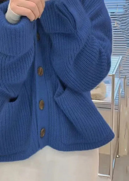 Blue V Neck Pockets Button Knit Coats Fall