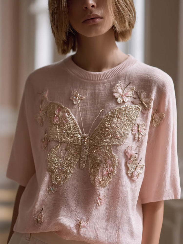 Women's Retro Pink Butterfly Embroidery Art Print Round Neck Short Sleeve T-shirt elevenforest
