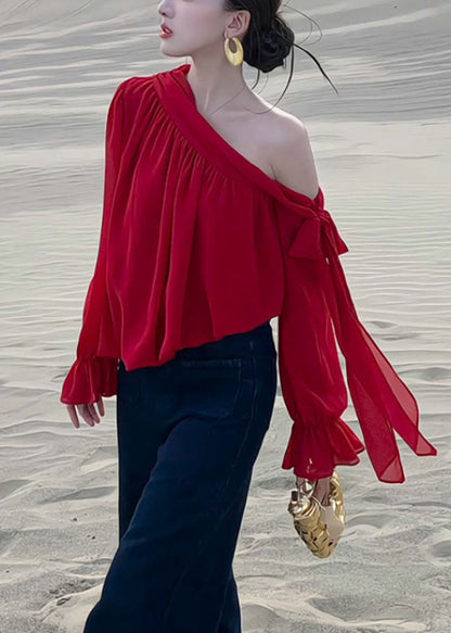 Stylish Red Lace Up Chiffon Shirt Fall