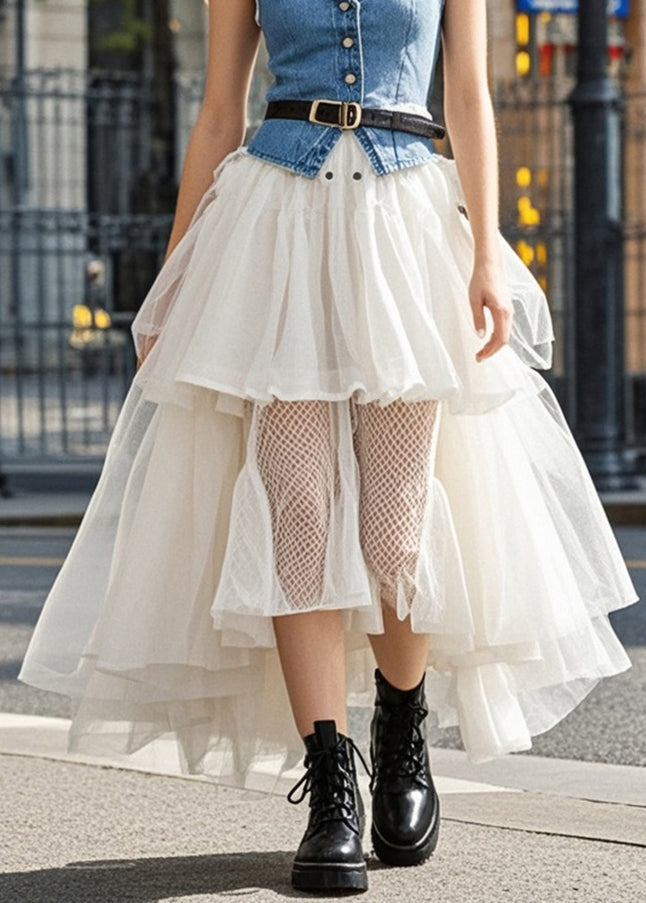 Classy White Asymmetrical Layered Tulle a Line Skirts Spring