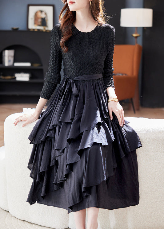 Black O Neck Ruffled Patchwork Cotton Dresses Spring