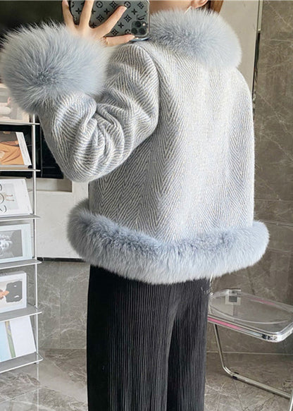 Diy Blue Stand Collar Leather and Faux Fur Coat Winter