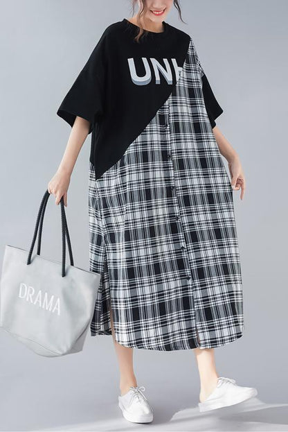 Diy Black Plaid Cotton Quilting Clothes Work O Neck Patchwork Long Summer Dresses