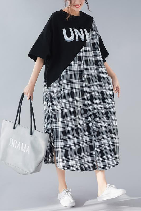 Diy Black Plaid Cotton Quilting Clothes Work O Neck Patchwork Long Summer Dresses