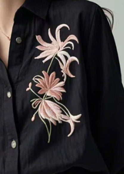 Boutique Black Embroidered Button Shirts Spring