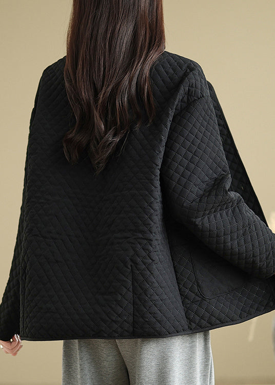 Black Pockets Button Fine Cotton Filled Coat O Neck Spring