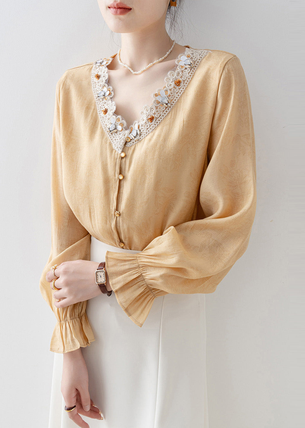 Loose Yellow Embroidered Patchwork Chiffon Blouse Tops Flare Sleeve