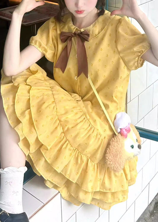 Yellow Ruffled Patchwork Cotton Mid Dresses Summer