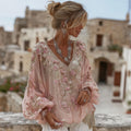 Women's Pink Floral Embroidery Art V-neck Long Sleeve T-shirt elevenforest