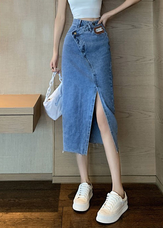 Blue Side Open Asymmetrical Patchwork Denim Maxi Skirts Summer