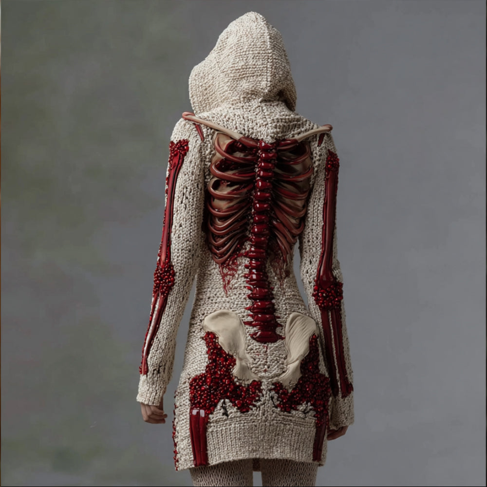 Comstylish Women's Halloween Skeleton Rose Art Knitted Hoodie Sweater
