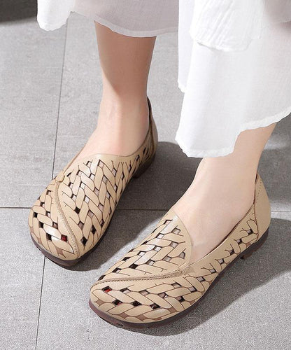 Hollow Out Flat Feet Shoes Khaki Cowhide Leather Embossed Flats Shoes