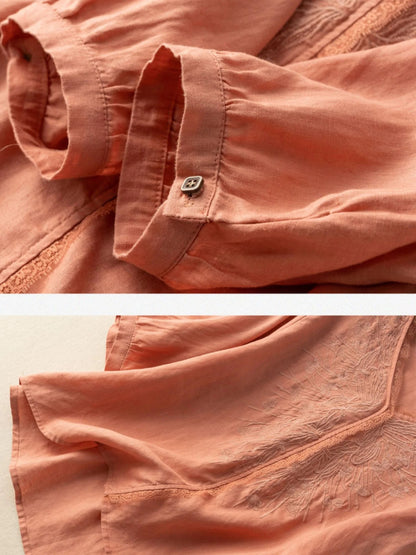 Embroidered V Neck 3/4 Sleeve Linen Tee Top