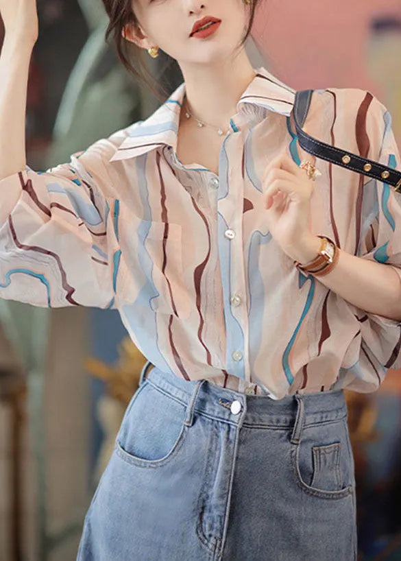 Pink Peter Pan Collar Striped Cotton Shirt and Denim Skirt Two Pieces Set Fall