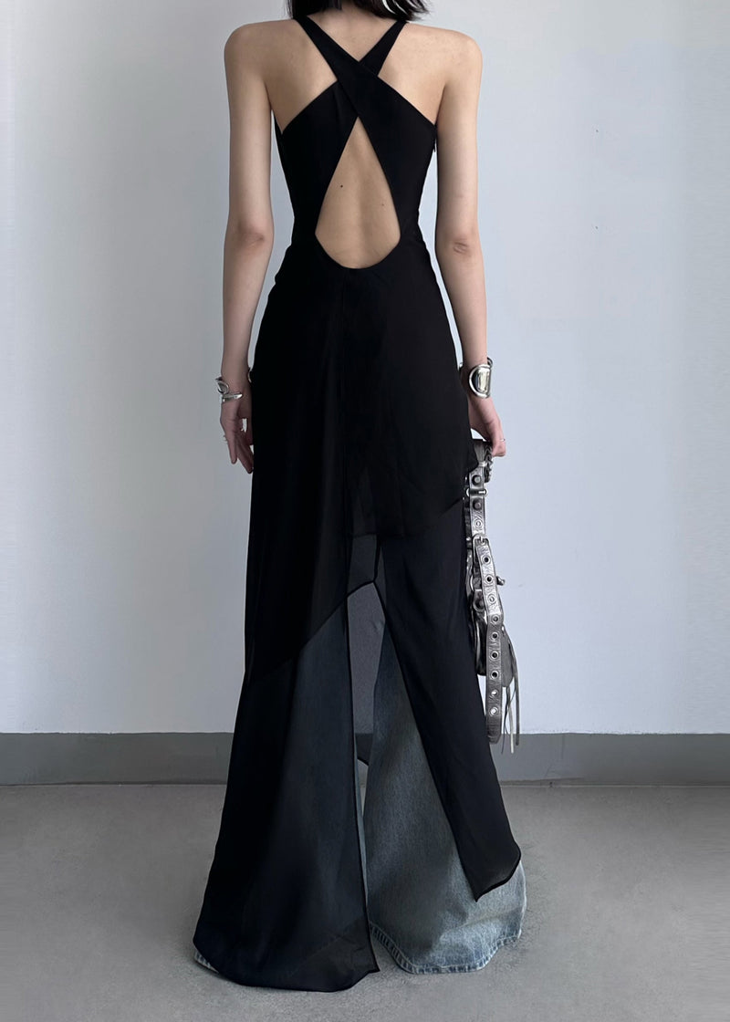 Black V Neck Backless Patchwork Chiffon Dress Summer