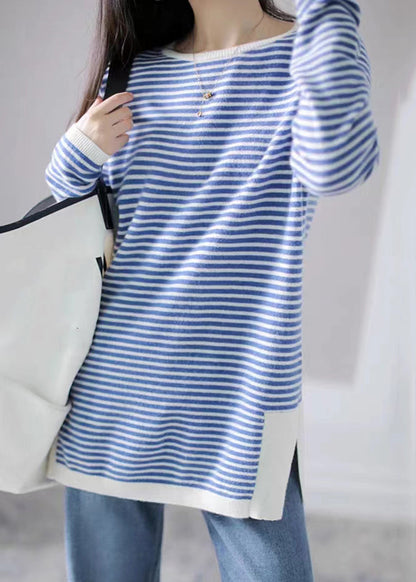 Blue Striped Side Open Knitting Cotton Tops Fall