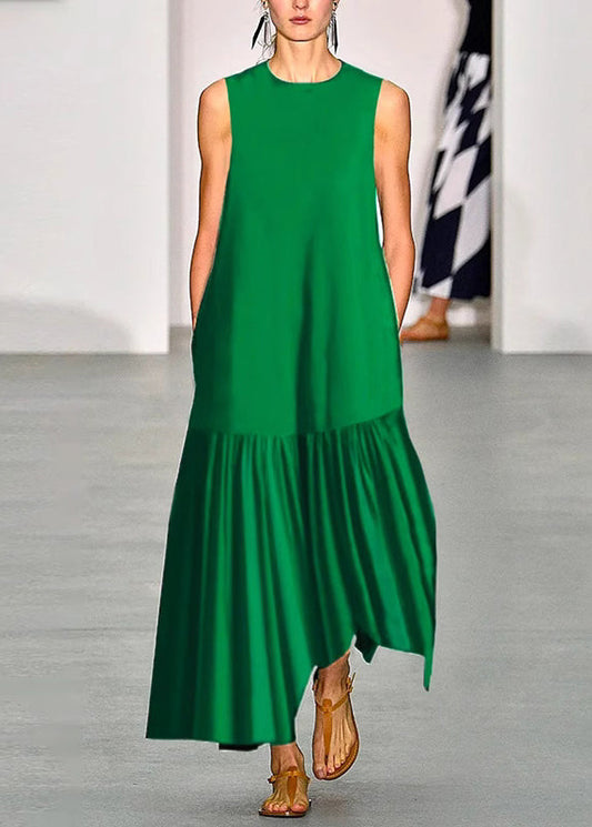 Simple Green O-neck Patchwork Maxi Dresses Sleeveless