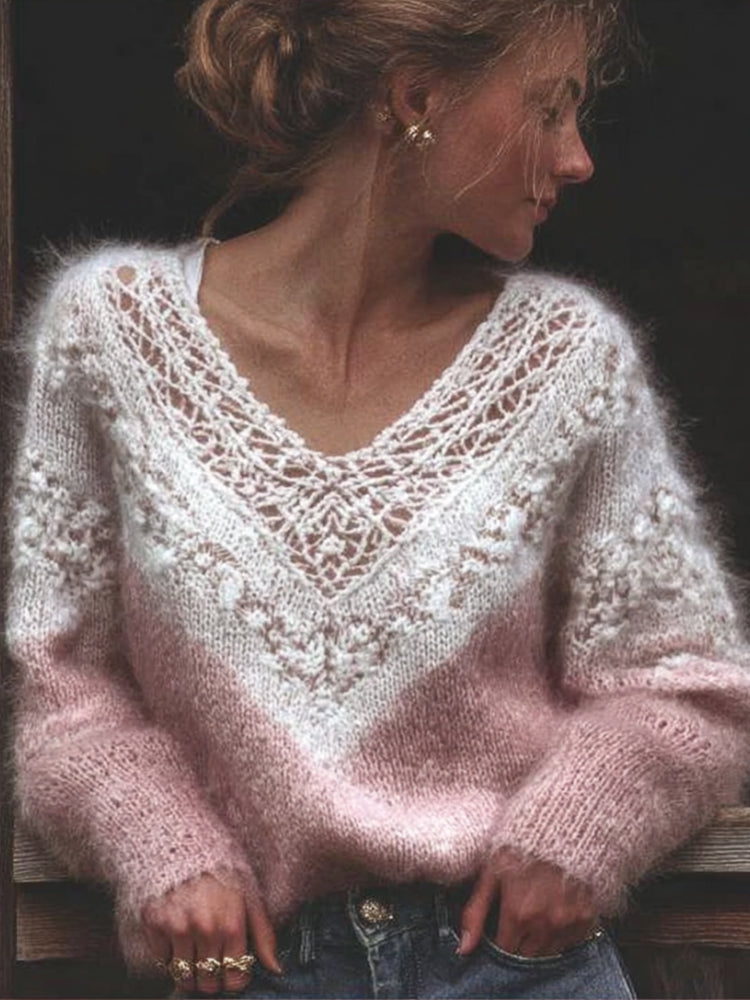 Women's Vintage Plush Hollow-out V-neck Sweater