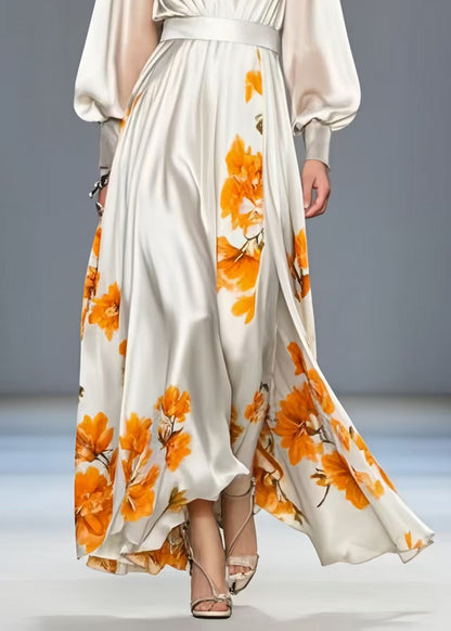 White V Neck Print Silk Cinched Dress Spring