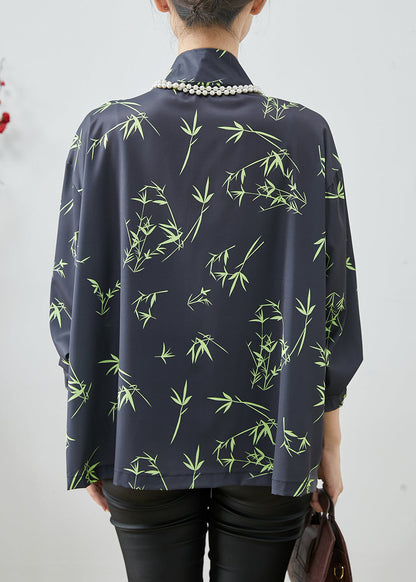Black Oversized Bamboo Leaf Print Silk Shirt Spring