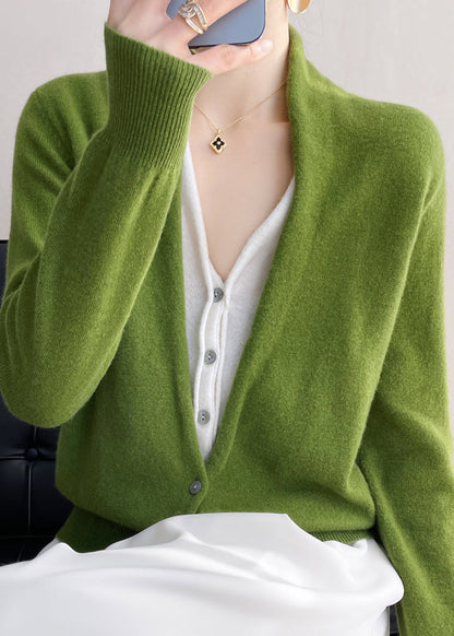 Green V Neck Button Patchwork Wool Knit Top Fall