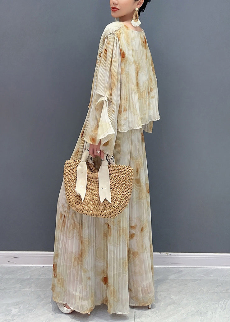 Yellow Print Chiffon Top and Maxi Skirts Two Pieces Set Flare Sleeve