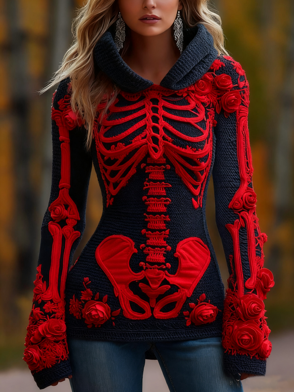 Women's Halloween Skeleton Bones With Roses Art Knitted Warm Hooded Sweater artswardrobe
