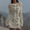 Women's Vintage White Rose Skull Cozy Knit Mini Sweater Dress artswardrobe