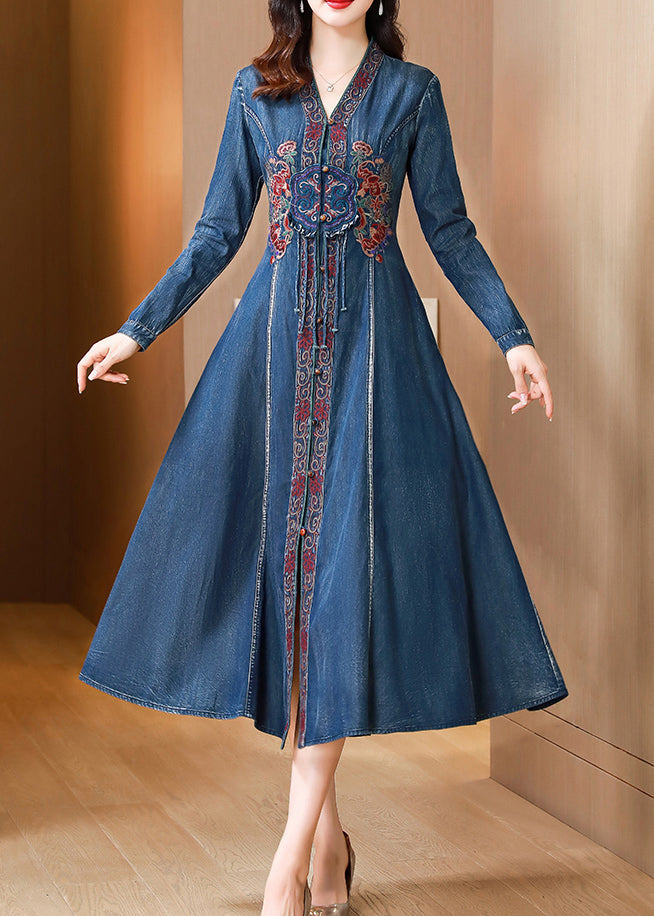 Blue V Neck Embroidered Patchwork Denim Dresses Fall