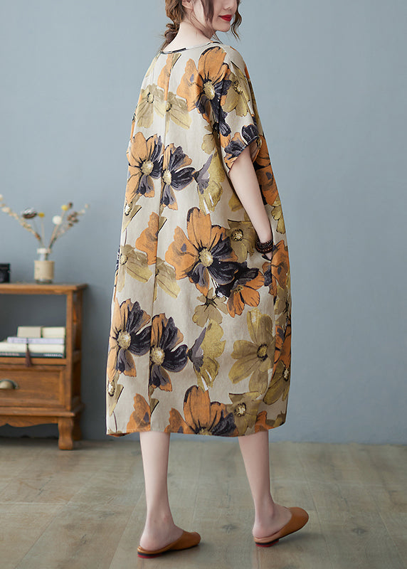 Khaki V Neck Print Long Dress Short Sleeve