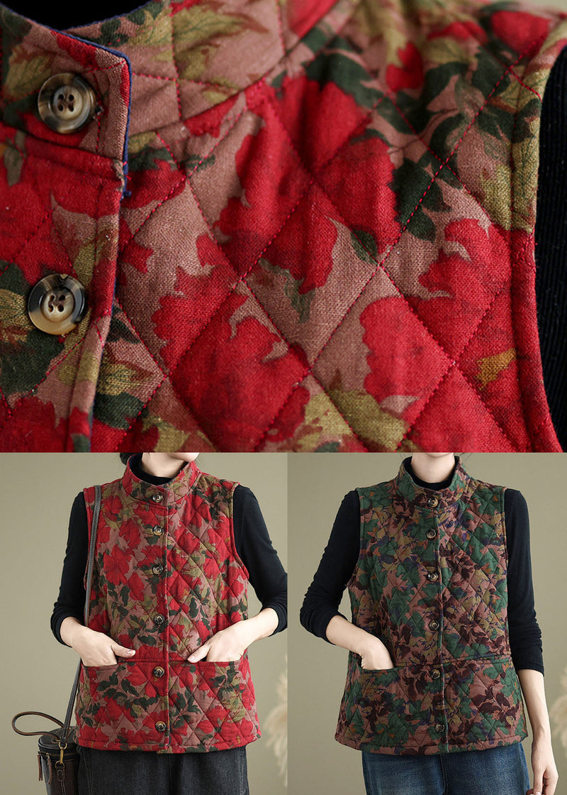 Red Print Pockets Fine Cotton Filled Vest Sleeveless
