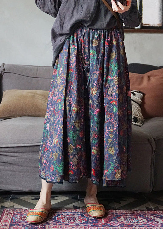 Loose Blue Elastic Waist Drawstring Cotton Skirts Spring