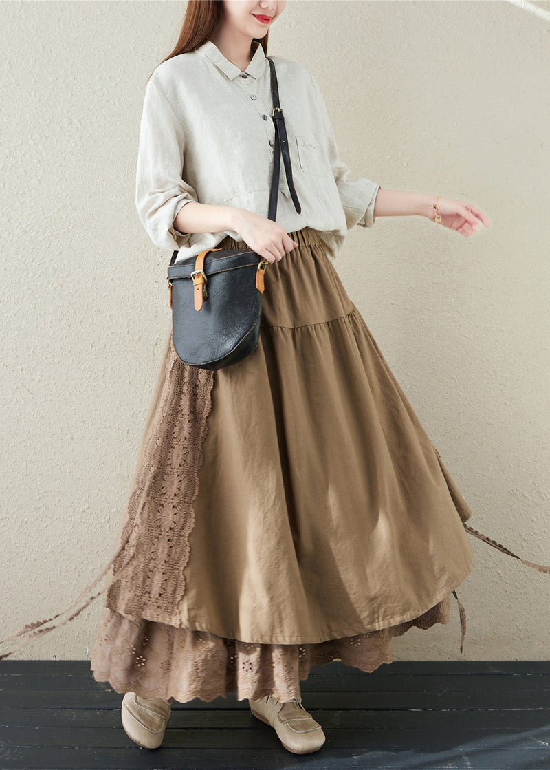Brief Khaki Embroideried Patchwork Elastic Waist Linen a Line Skirt Summer