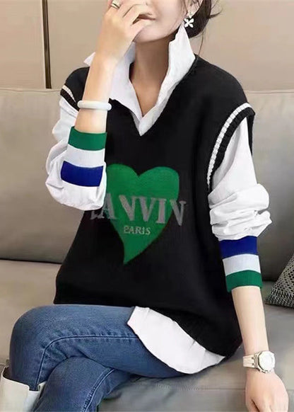 Modern Black Peter Pan Collar Shirts and Vest Knit Two Pieces Set Fall