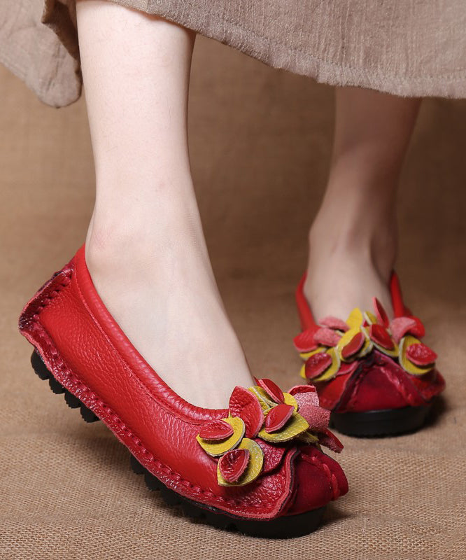 Mulberr Cowhide Splicing Flower Flat Shoes for