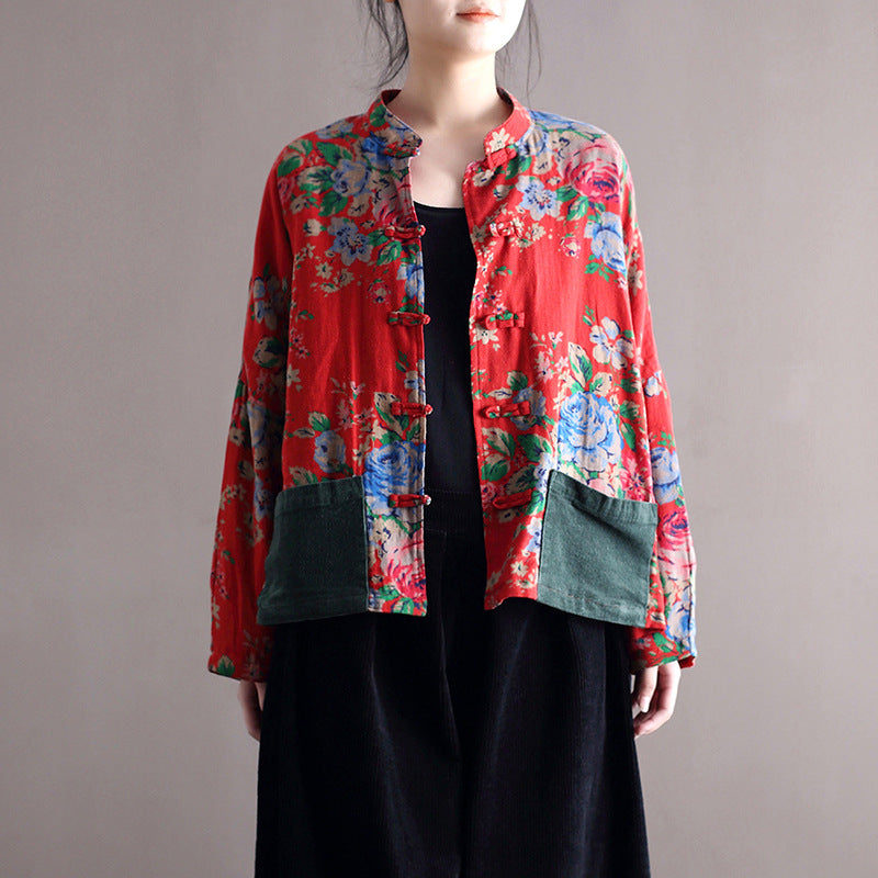 Blouse Stand Collar Large Flower Long-sleeved Jacket