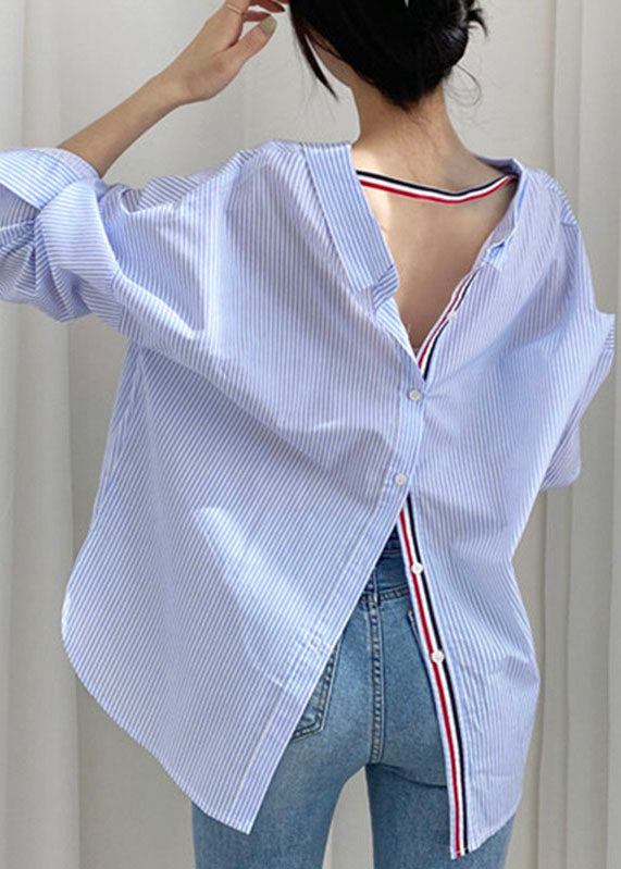 Fine Blue Striped Button Wear on Both Sides Shirt Long Sleeve