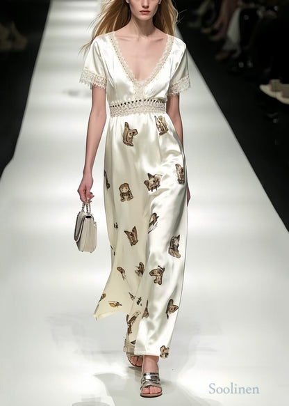 Italian White Print Patchwork Draping Silk Long Dresses Summer